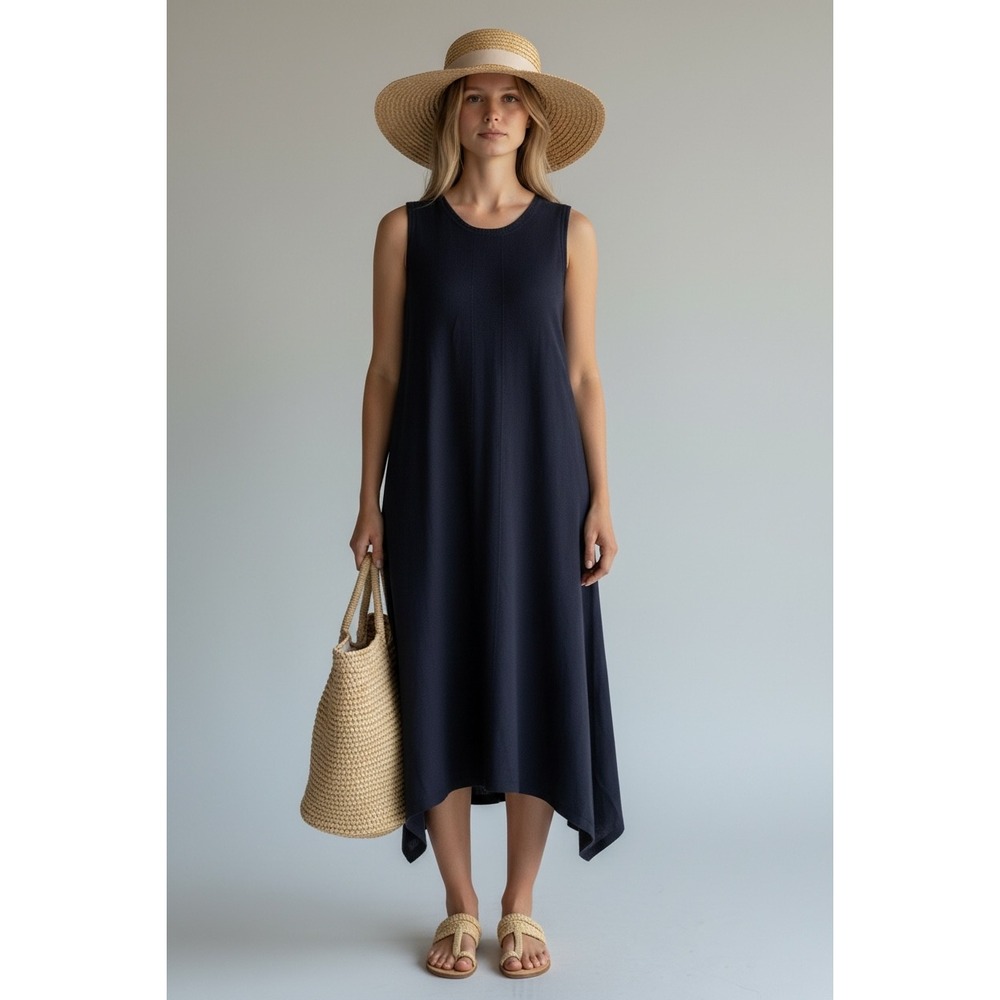 For Cynthia Navy Blue Linen Sleeveless Size Small Midi Dress Coastal Summer